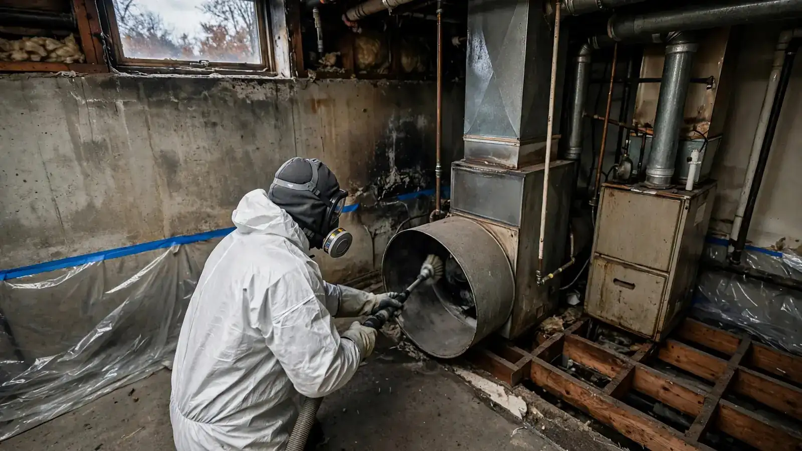 Worker cleaning a basement furnace duct after a fire