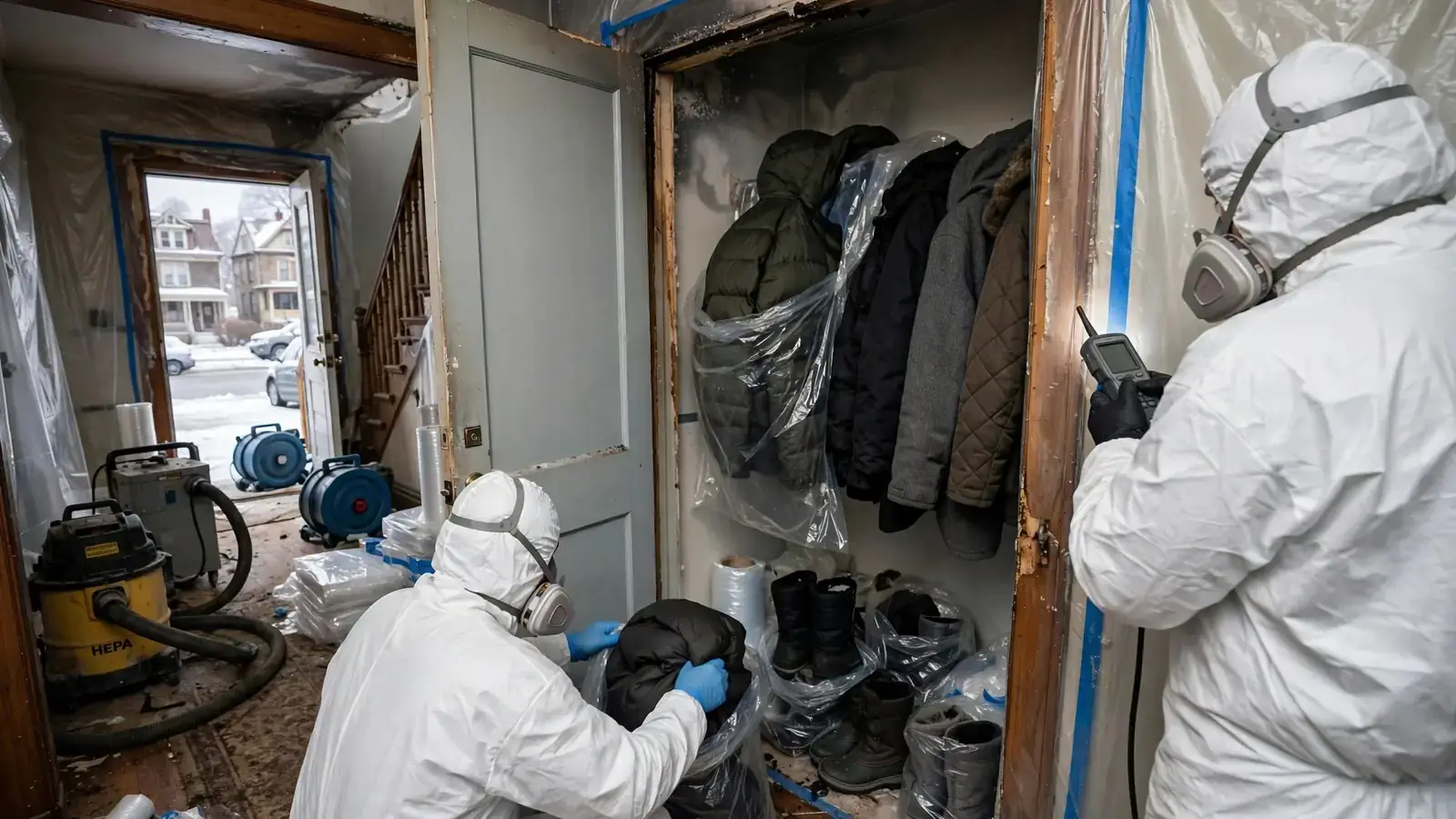 Winter coats from a closet being bagged for smoke cleaning