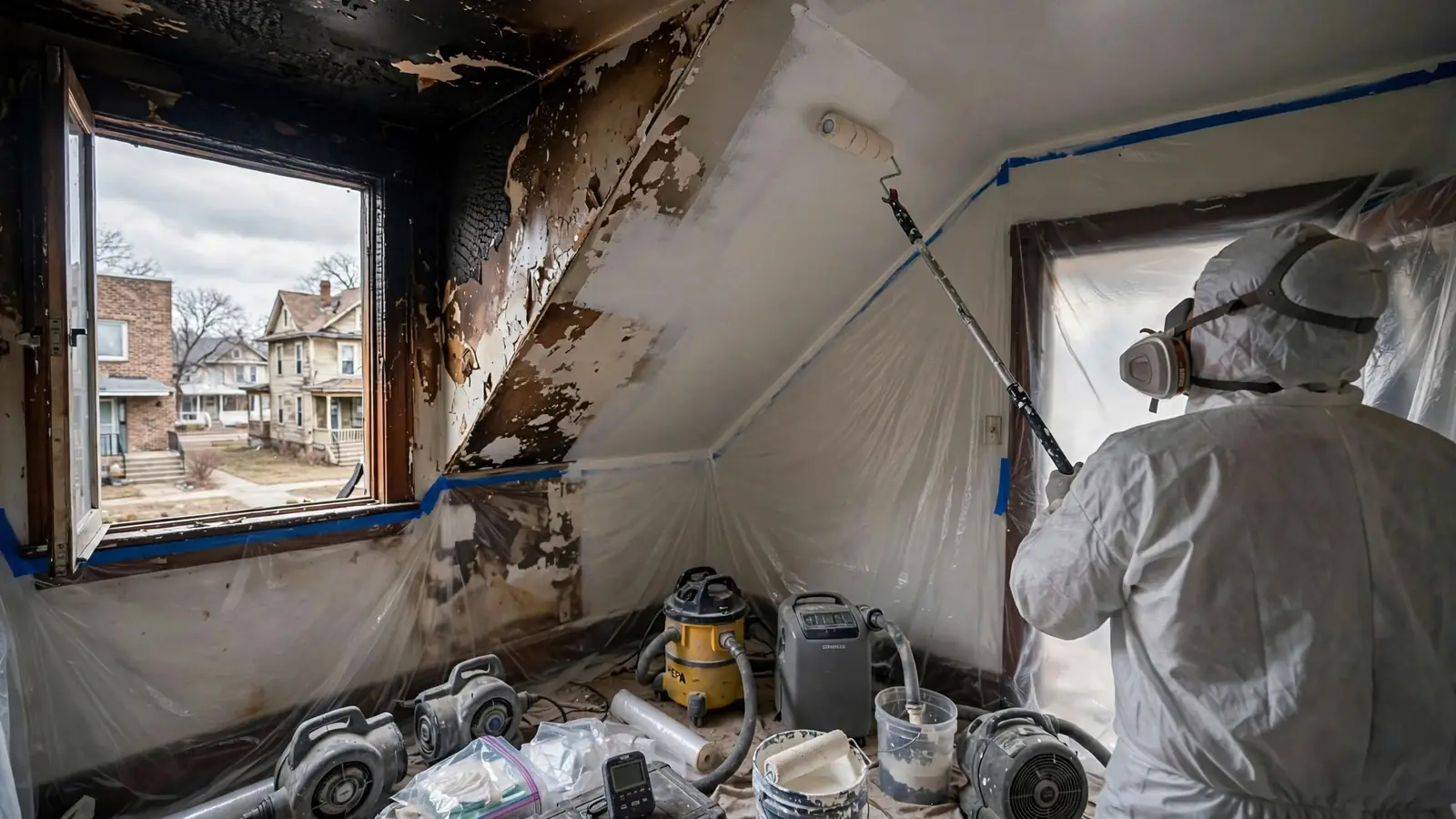 Worker rolling sealing primer on a sloped upstairs ceiling