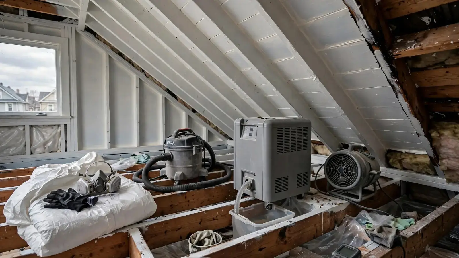 Attic rafters coated with white sealer after smoke cleanup
