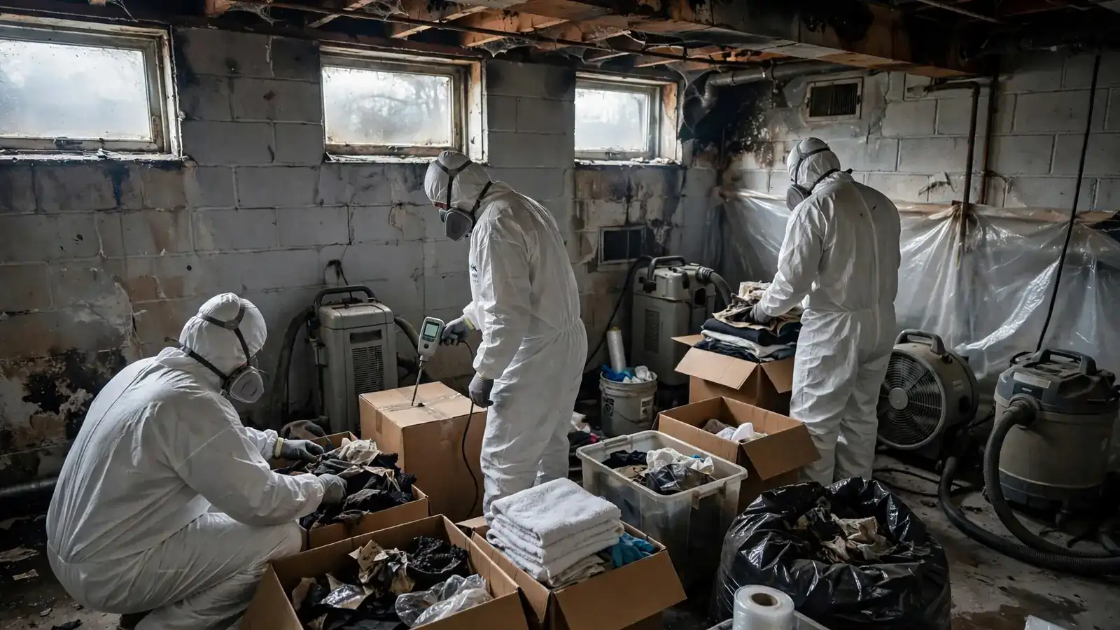 Crew sorting smoke-affected boxes in a basement