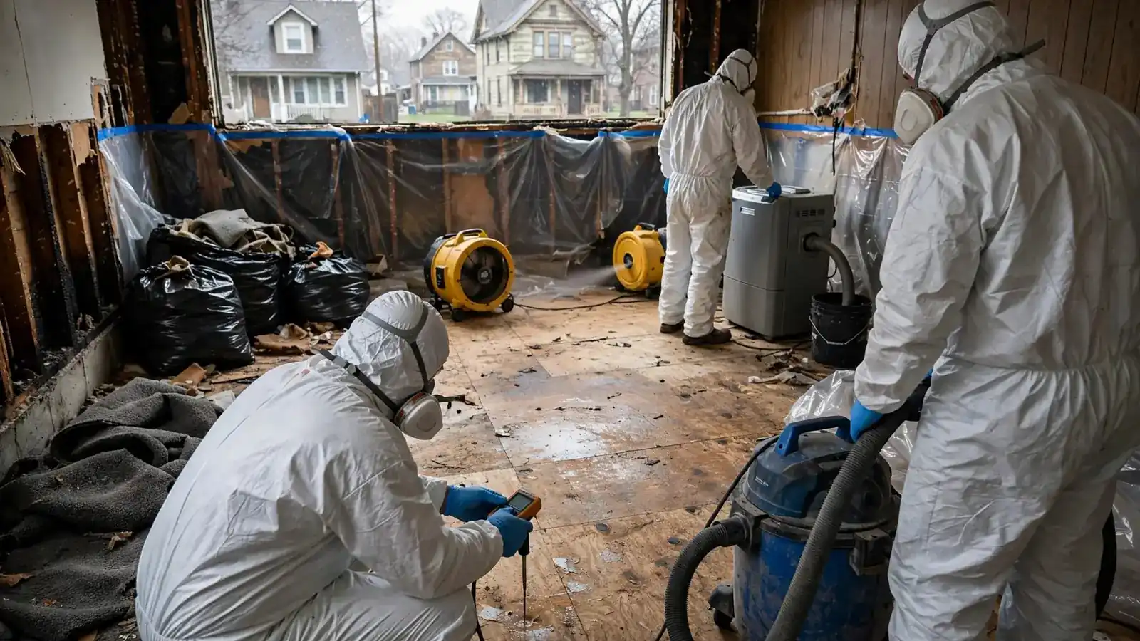 Worker removing damaged flooring in a finished basement