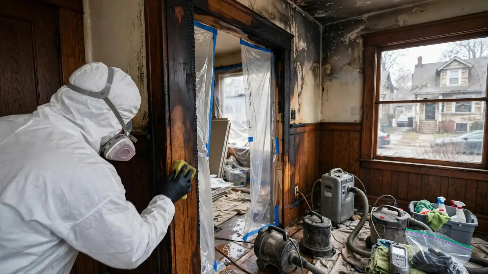 Worker cleaning smoke residue from stained oak woodwork