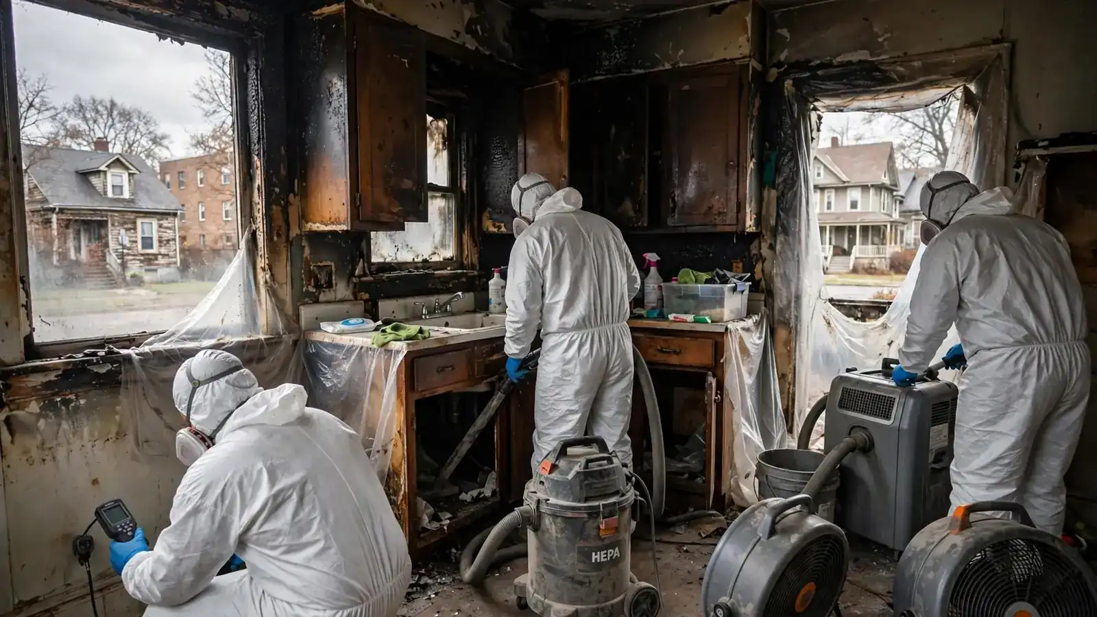 Crew cleaning a smoke-darkened kitchen in an older house