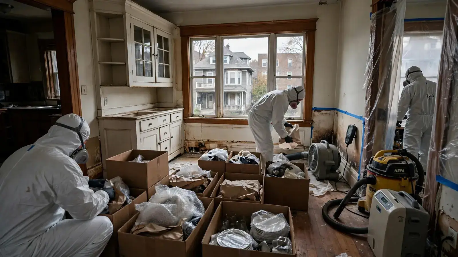 Packed boxes in a dining room with a built-in buffet