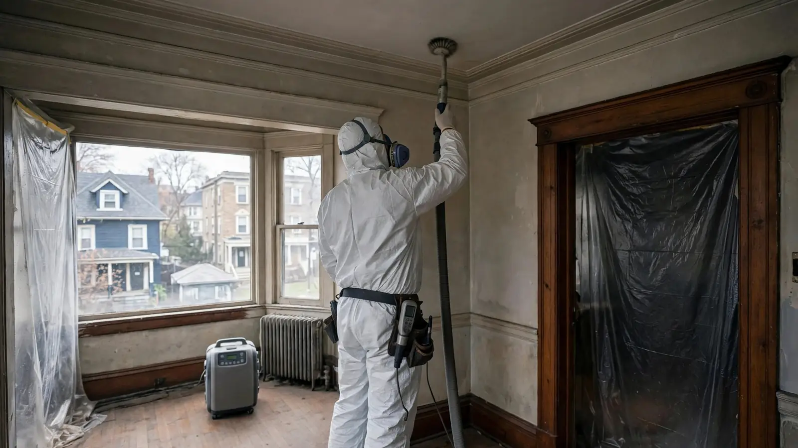 Worker cleaning a smoke-stained plaster ceiling
