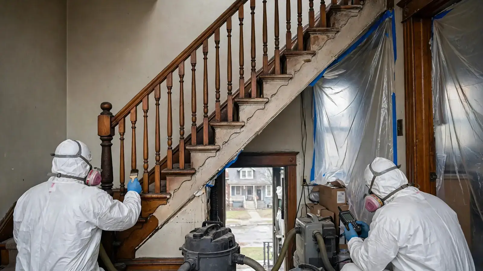 Worker cleaning a smoke-stained staircase with turned balusters