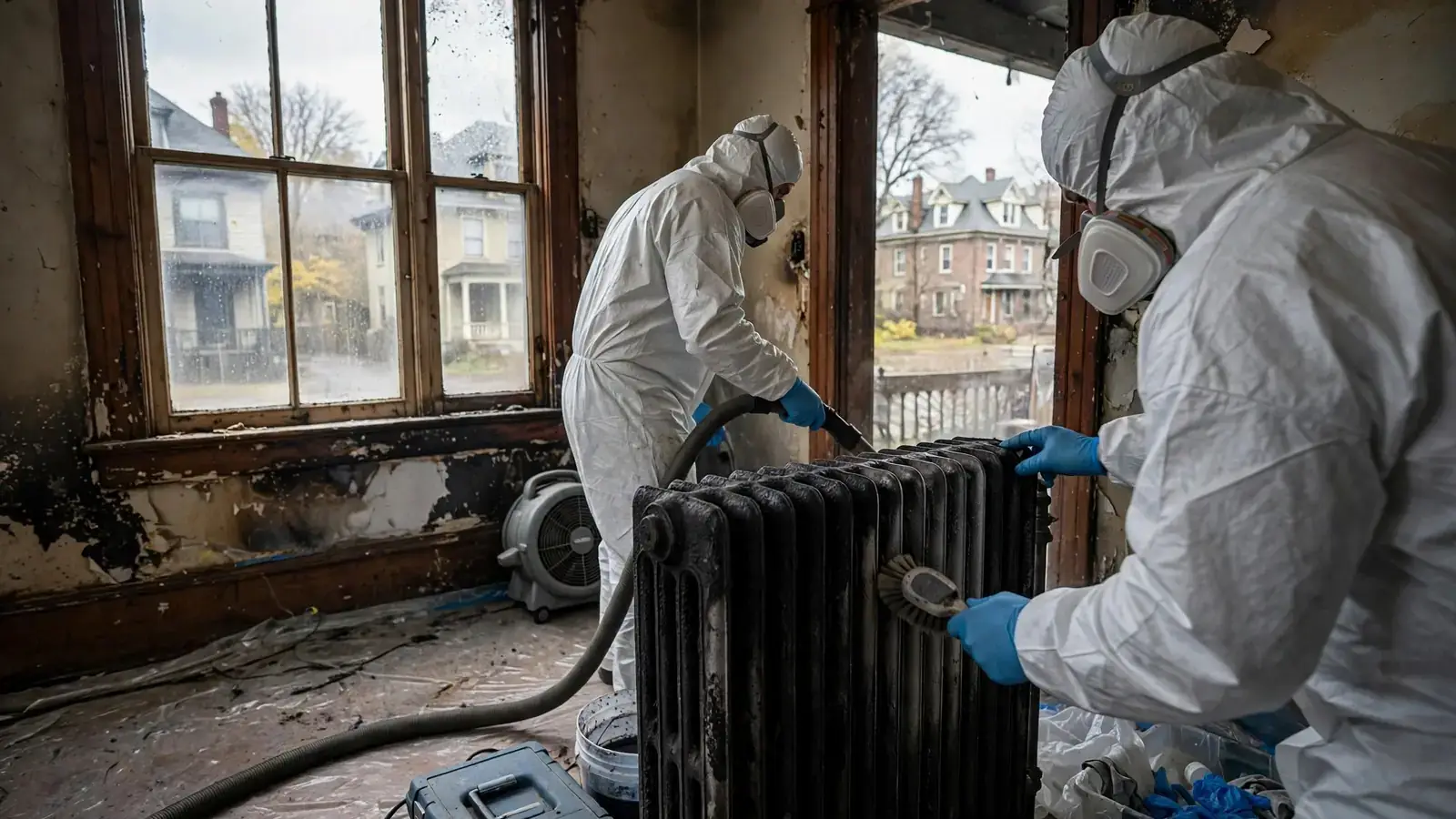 Worker cleaning soot from a cast-iron radiator