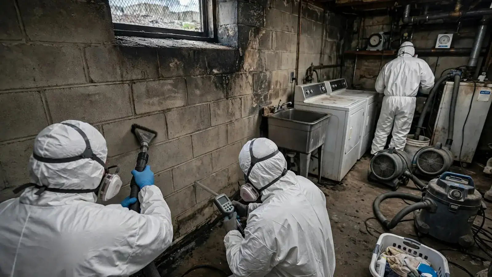 Crew cleaning smoke residue in a basement laundry area