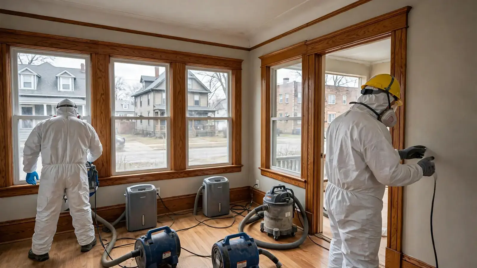Clean living room with oak trim as crew finishes up