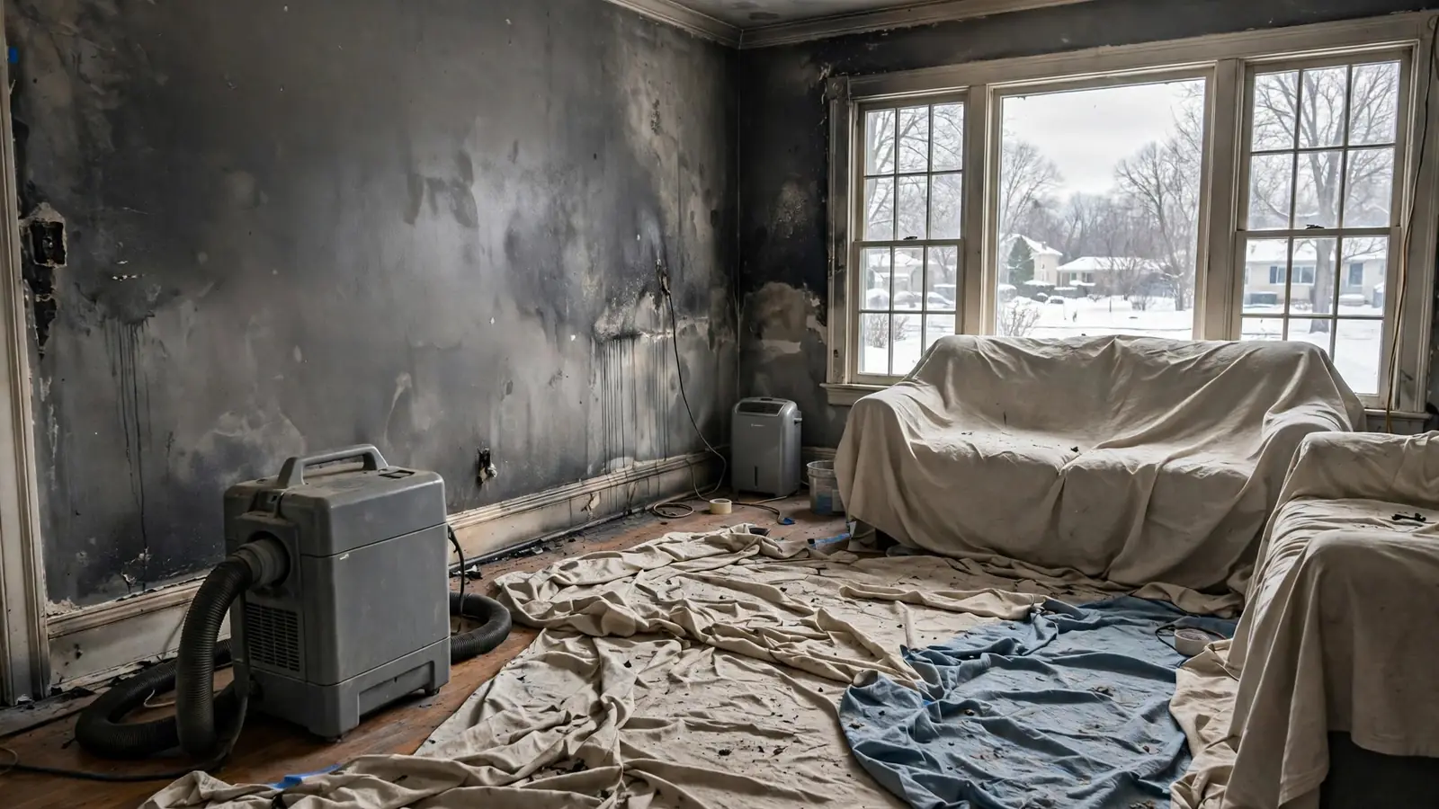 Living room with grey-stained walls, drop cloths and an air purifier