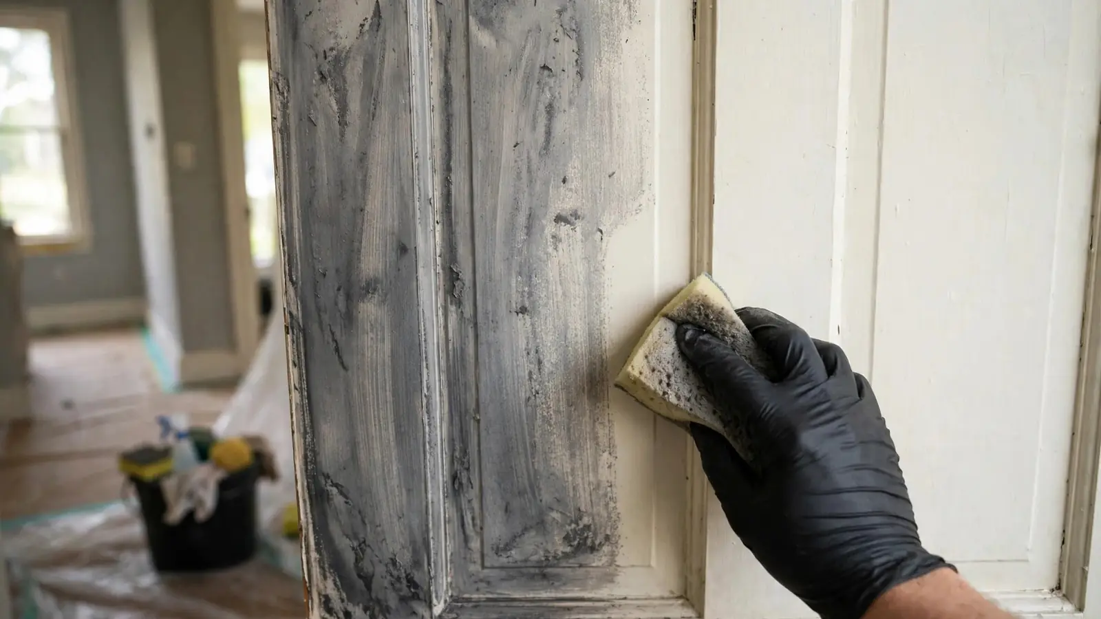 Gloved hand wiping grey film off a door frame with a dry sponge