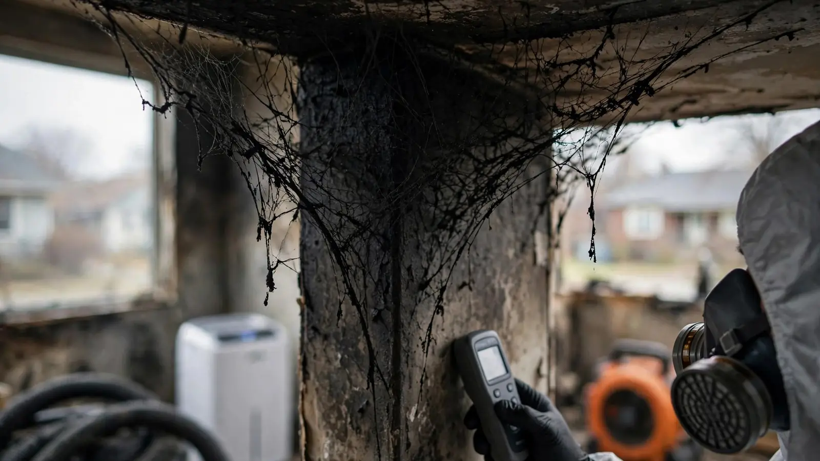 Close-up of soot strands hanging from a ceiling corner