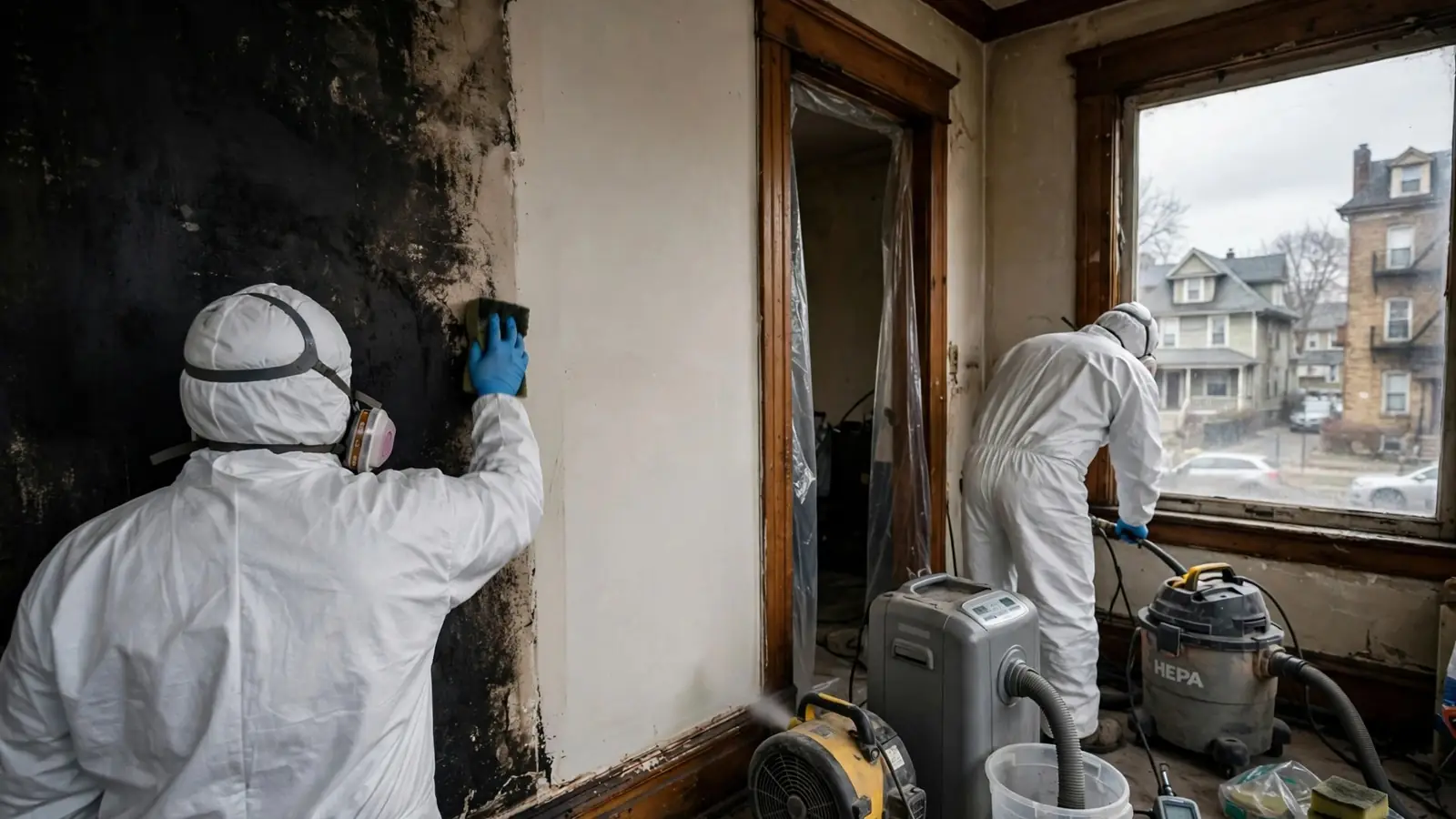 Worker lifting soot from a plaster wall with a dry sponge
