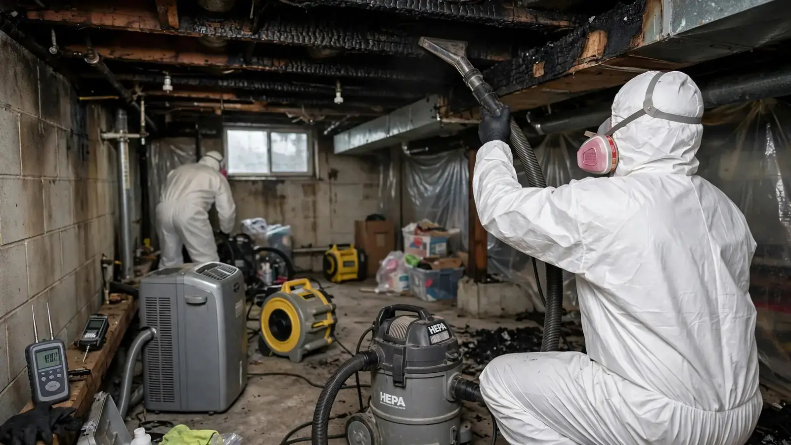Worker vacuuming soot from basement joists