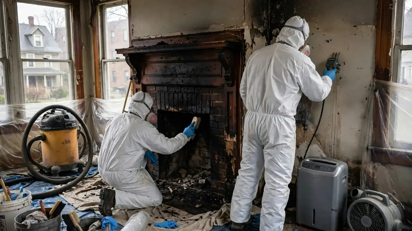 Crew cleaning soot from a brick fireplace