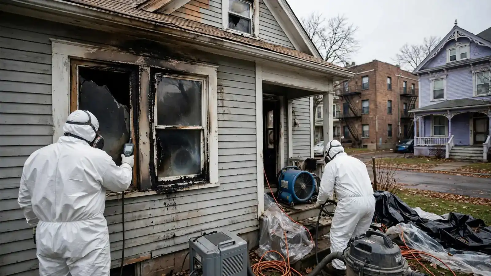 Worker cleaning soot from siding above a burned window