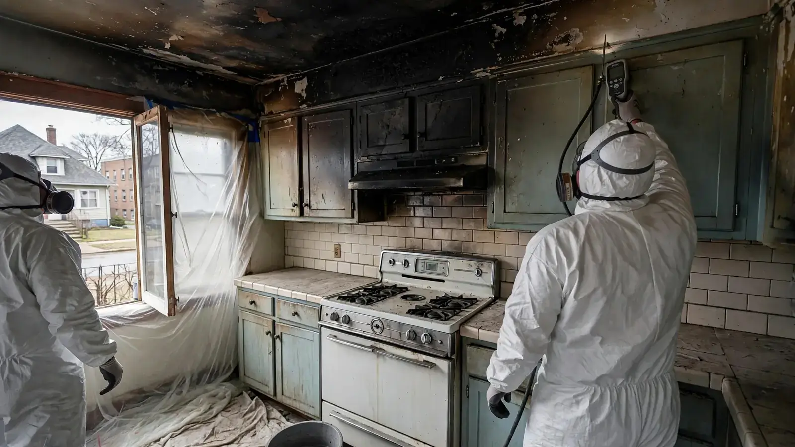 Worker cleaning soot from a kitchen ceiling above an old range