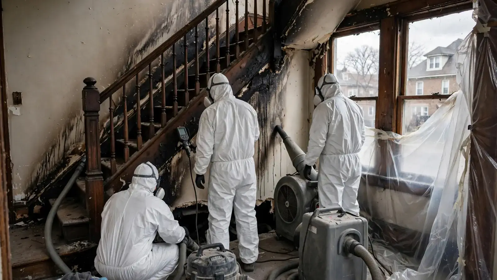 Crew cleaning soot streaks along a stairway wall