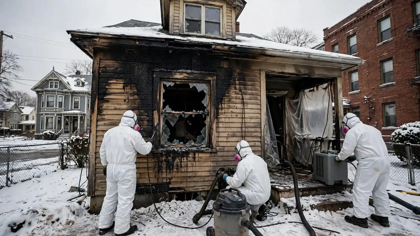 Soot on wood siding above a broken window, snow below