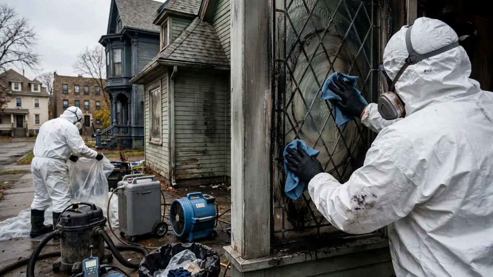 Worker hand-cleaning soot from a leaded glass window