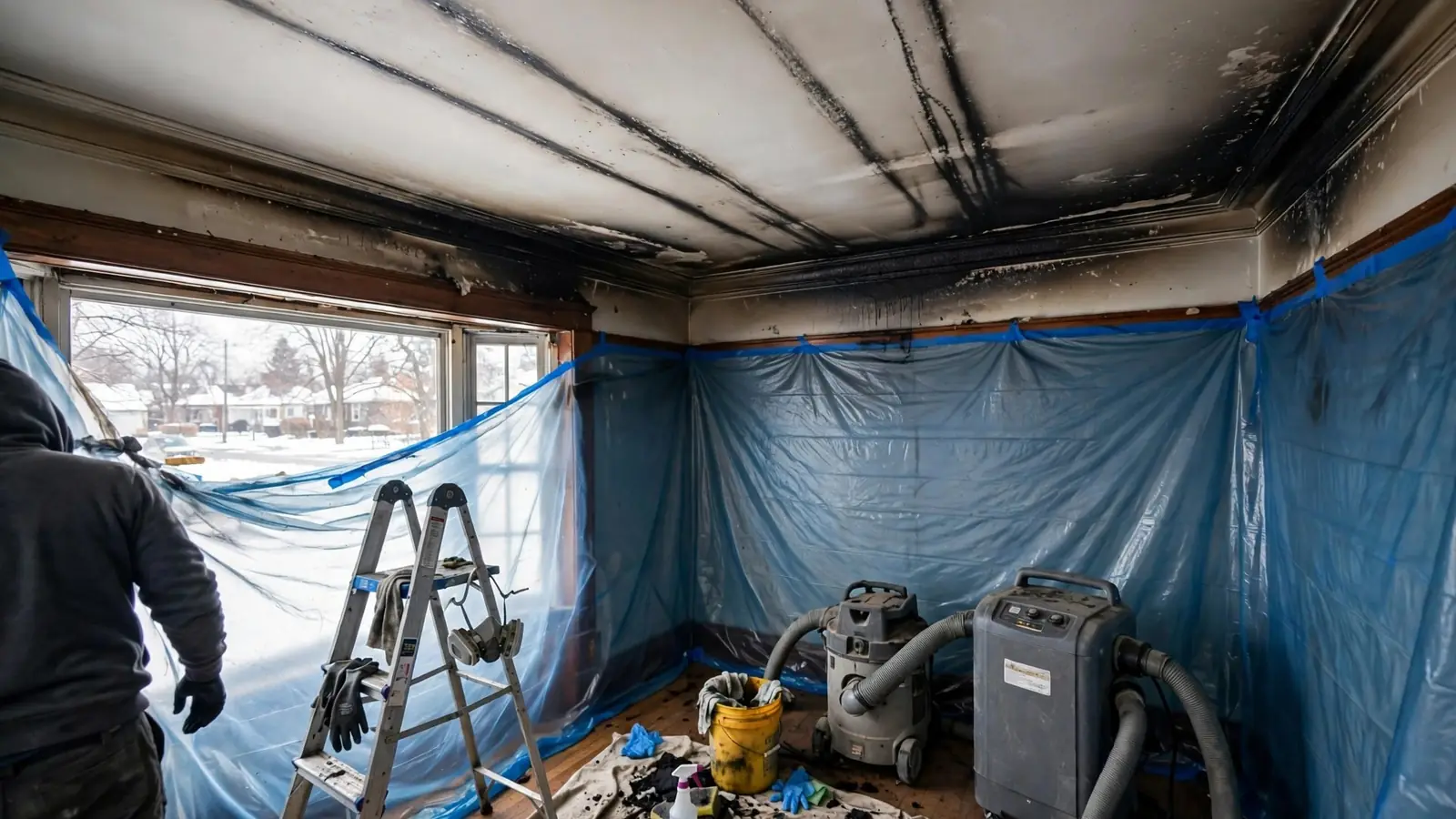 Dark soot lines on a ceiling above a room covered in blue plastic