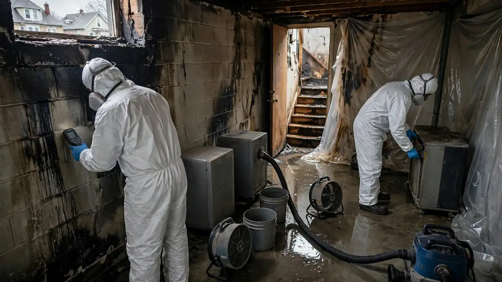 Crew drying a wet basement after firefighting