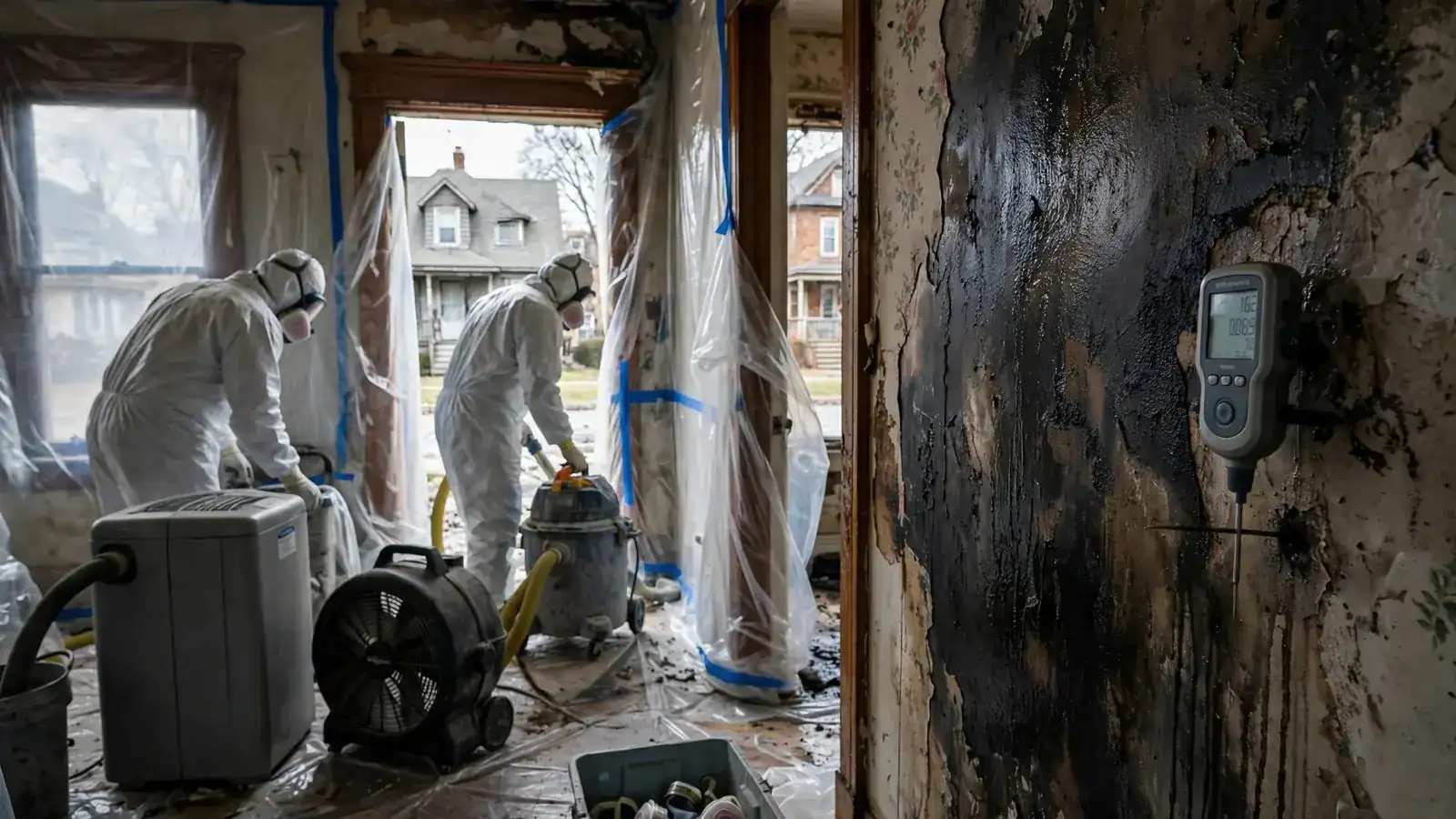 Moisture meter on a wet, soot-stained wall