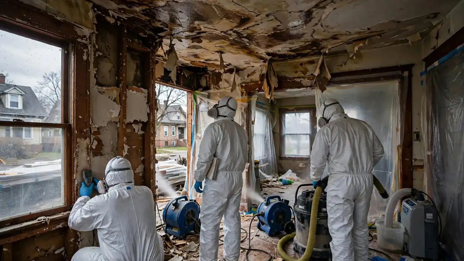 Crew under a sagging, water-stained plaster ceiling