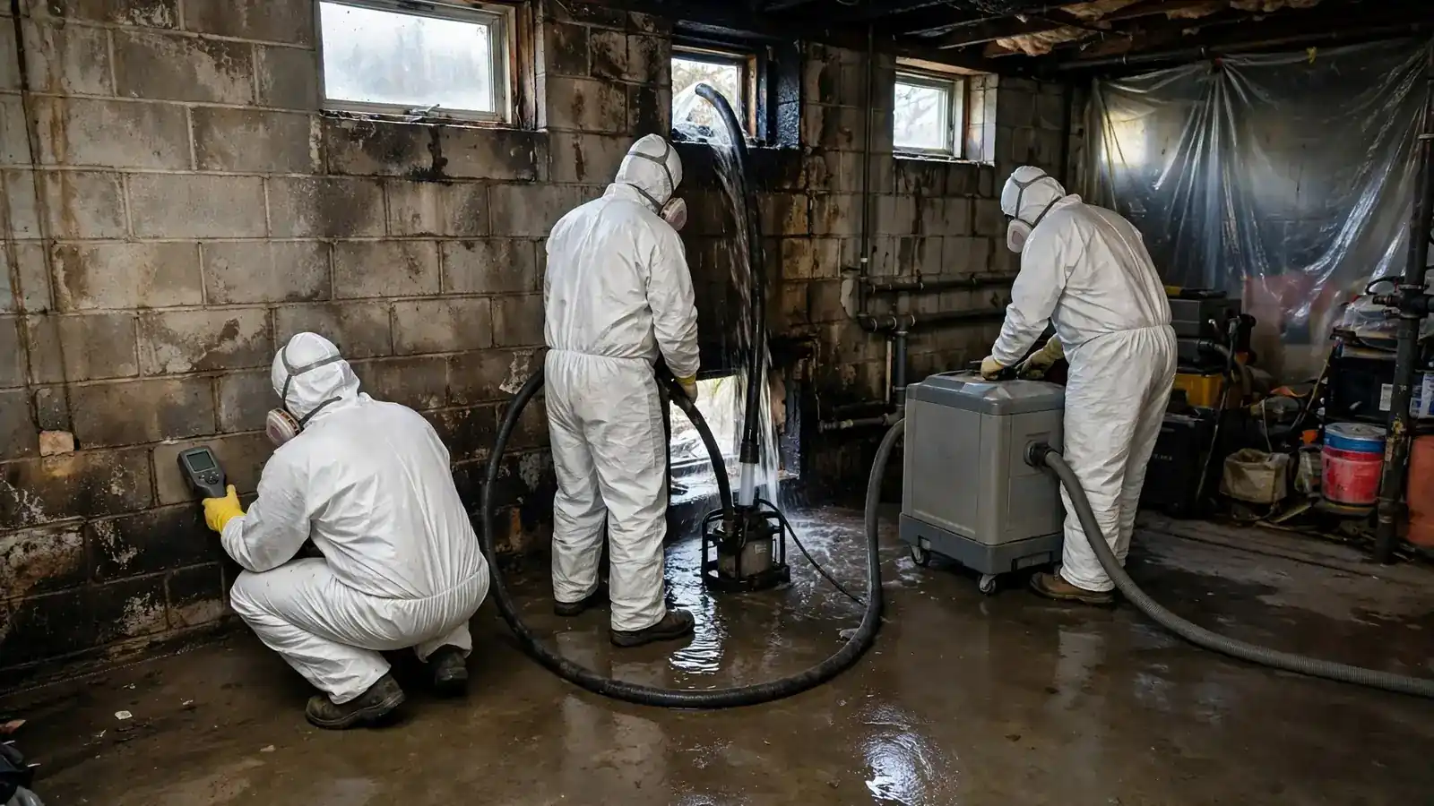 Pump hose removing water from a basement floor