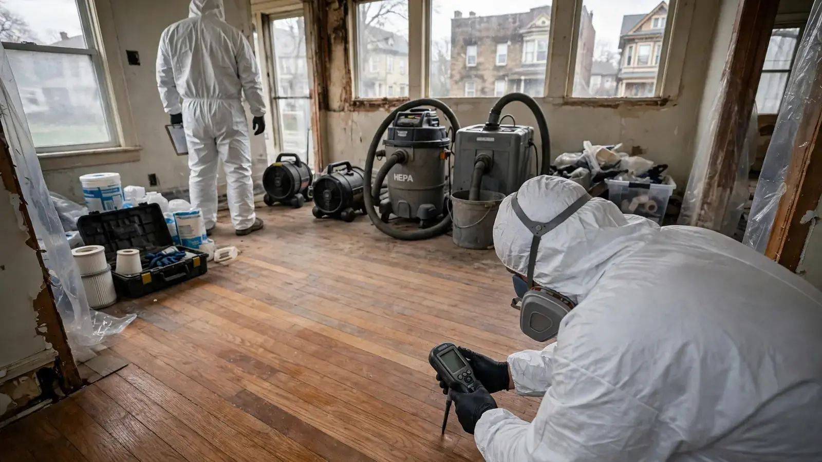Worker checking a wet oak floor with a moisture meter