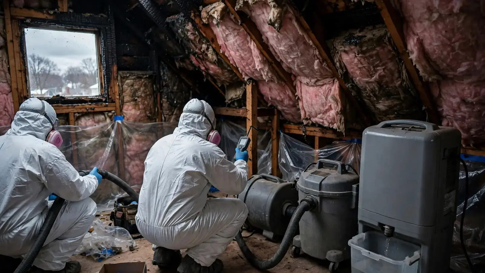 Crew removing wet insulation from an attic