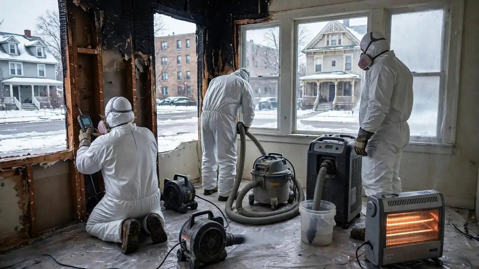 Heater and dehumidifier drying a cold room in winter
